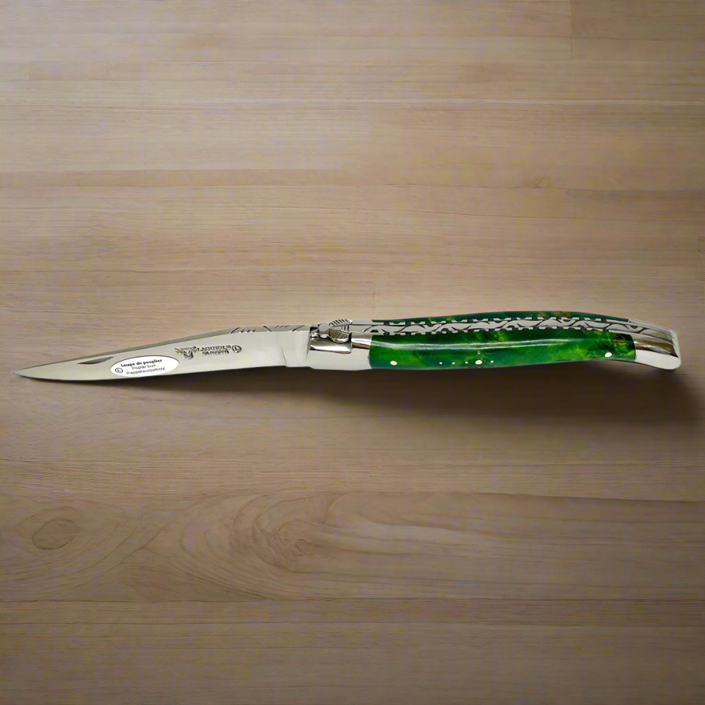 Laguiole en Aubrac Handcrafted Handcarved Spring Multipurpose Knife with Stabilized Green Poplar Burl, 4.75-Inches