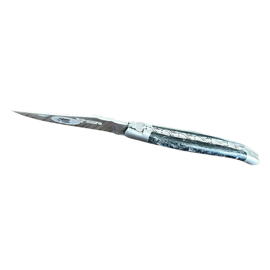 Laguiole en Aubrac Handcarved Plates Multipurpose Knife With Silver Carbon Handle, 4.75-Inches