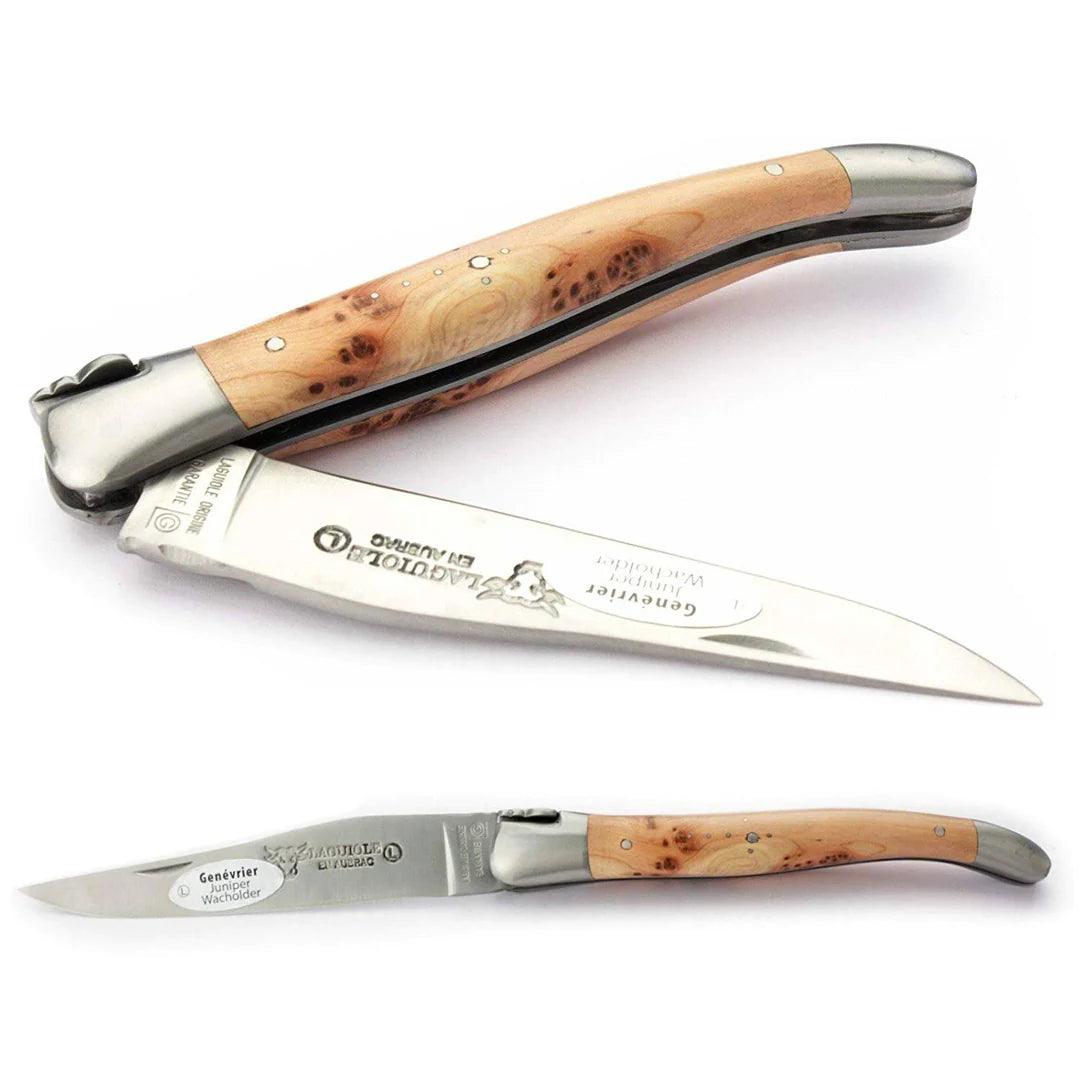 Laguiole en Aubrac 2-Piece Sommelier Waiter's Corkscrew and Handcrafted Plate Multipurpose Knife Set With Juniper Wood Handle