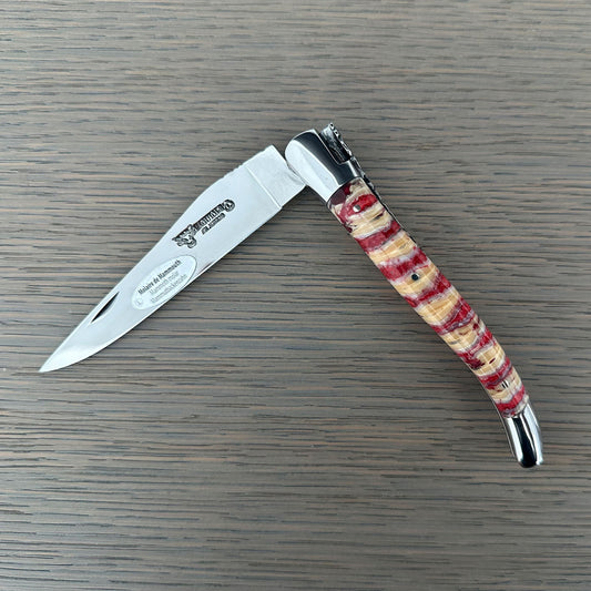 Laguiole en Aubrac Cuchillo Multiusos Artesanal Doble Chapado con Virolas Brillantes, Mango Mollar Rojo, 4.75 pulgadas