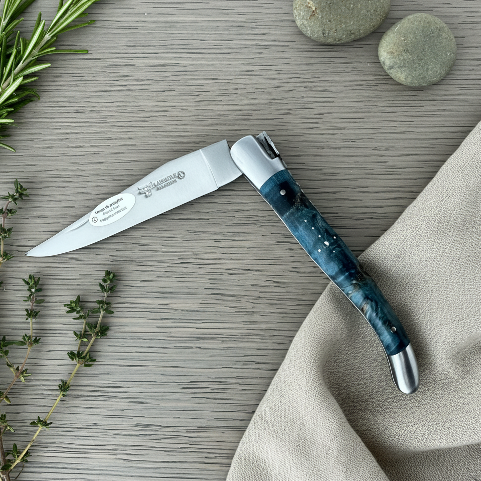 Laguiole en Aubrac Brushed Handcrafted Luxury Double Plated Multipurpose Knife with Buckeye Blue Handle, 4.75 นิ้ว