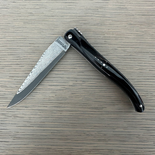 Laguiole en Aubrac Handcrafted Plated Multipurpose Knife, Full Buffalo Horn Handle with Damascus Blade, 4.75 inches