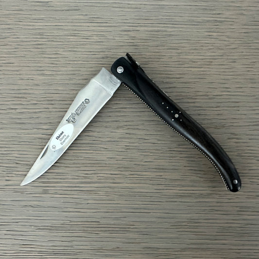 Laguiole en Aubrac Cuchillo multiusos hecho a mano con doble placa, mango de madera de ébano, 4 pulgadas