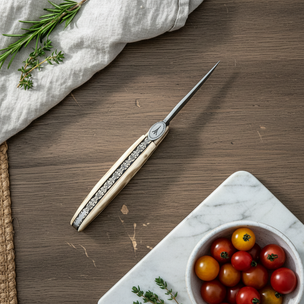 Laguiole en Aubrac Limited Edition Prestige Eiffel Folding Knife, 4.8", Ivory Crust Handle, Damascus Blade