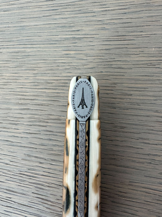 Laguiole en Aubrac Limited Edition Prestige Eiffel Folding Knife, 4.8", Ivory Crust Handle, Damascus Blade