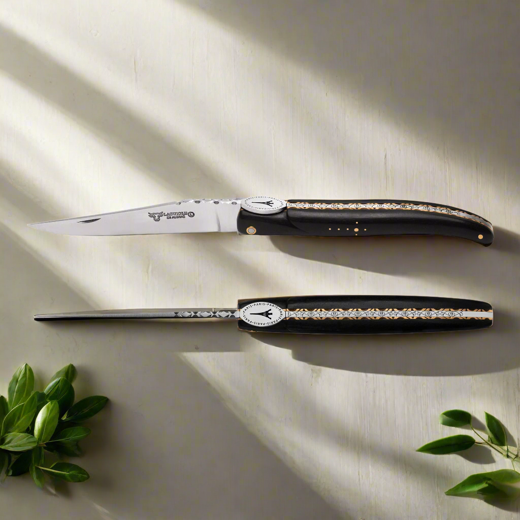 Laguiole en Aubrac Eiffel Tower Luxury Multipurpose Knife, 4.8-in (12cm), Ebony Wood Handle, Iron Lady Medallion, Stainless Steel And Brass Plates