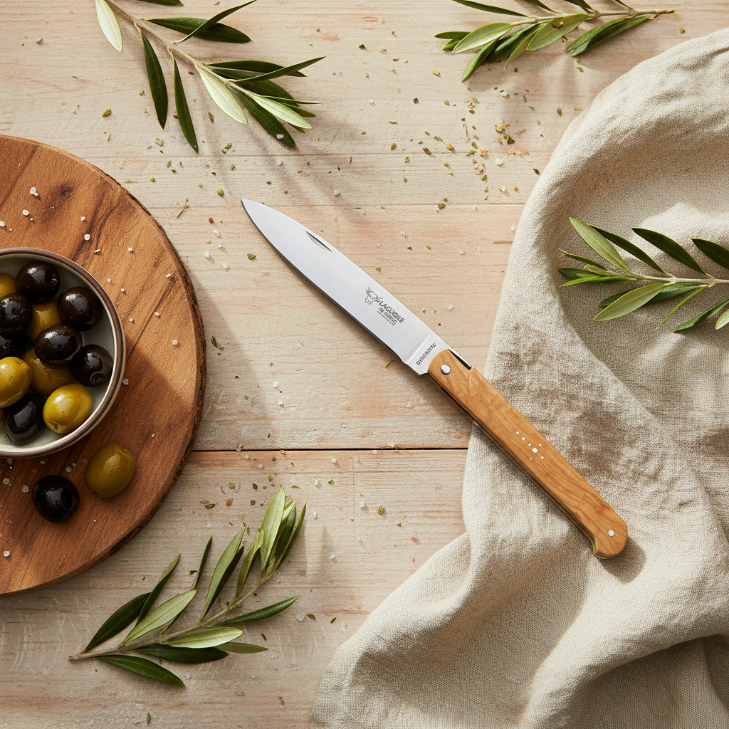 Laguiole en Aubrac Droit Luxury Multipurpose Knife With Handcarved Stainless Steel Spring, Brass Plates, Olivewood Handle, 5.12-Inches