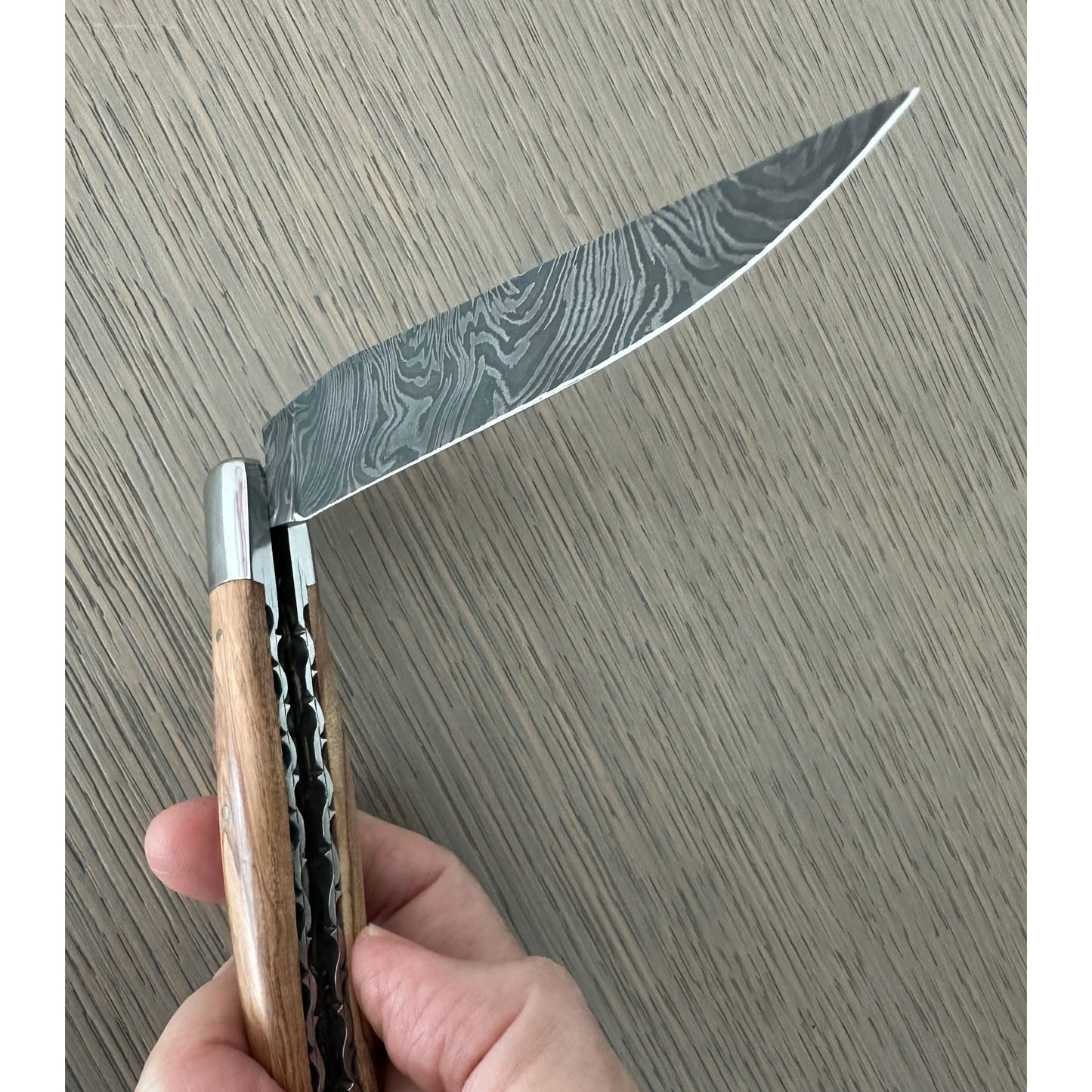 Laguiole en Aubrac Explosion Damascus Double Plated Knife Olive Wood Handle, 4.7"