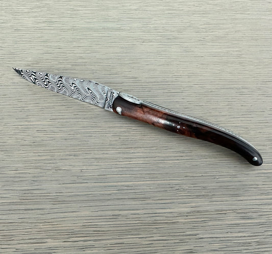 Laguiole en Aubrac Americas 250th Anniversary Collection Knife with Ironwood Burl and Damascus Blade, 4.8-in (12cm),