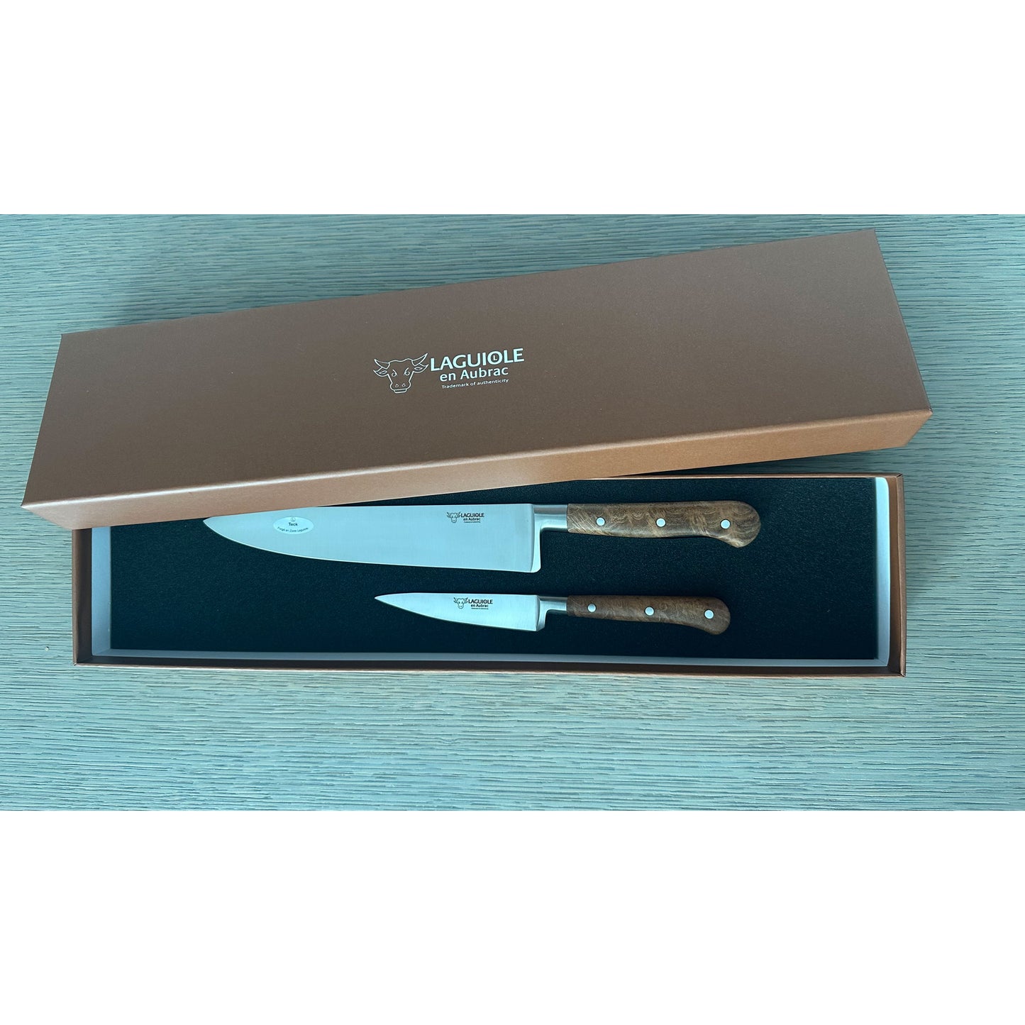 Laguiole en Aubrac Professional Stainless Fully Forged Steel 2-Piece Kitchen Knife Set With Teak Wood Handles