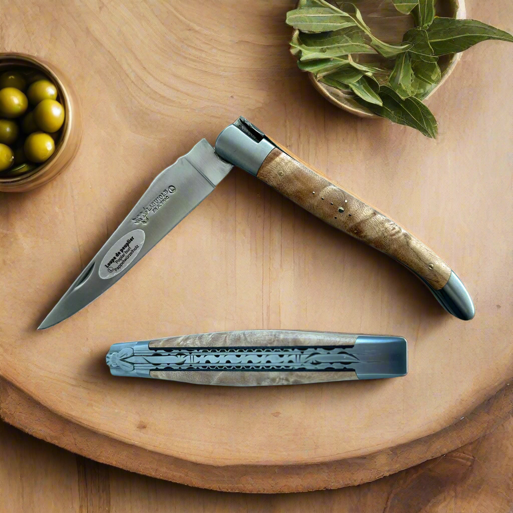 Laguiole en Aubrac Limited Edition With Two Handcarved Plates Multipurpose Knife And Brown Poplar Burl Handle, 4.75-Inches