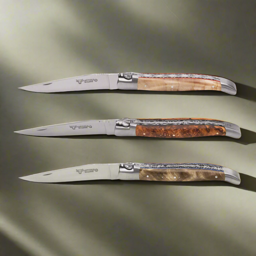 Laguiole en Aubrac Limited Edition With Two Handcarved Plates Multipurpose Knife And Blackened Poplar Burl Handle, Blue Spacing 4.75-Inches