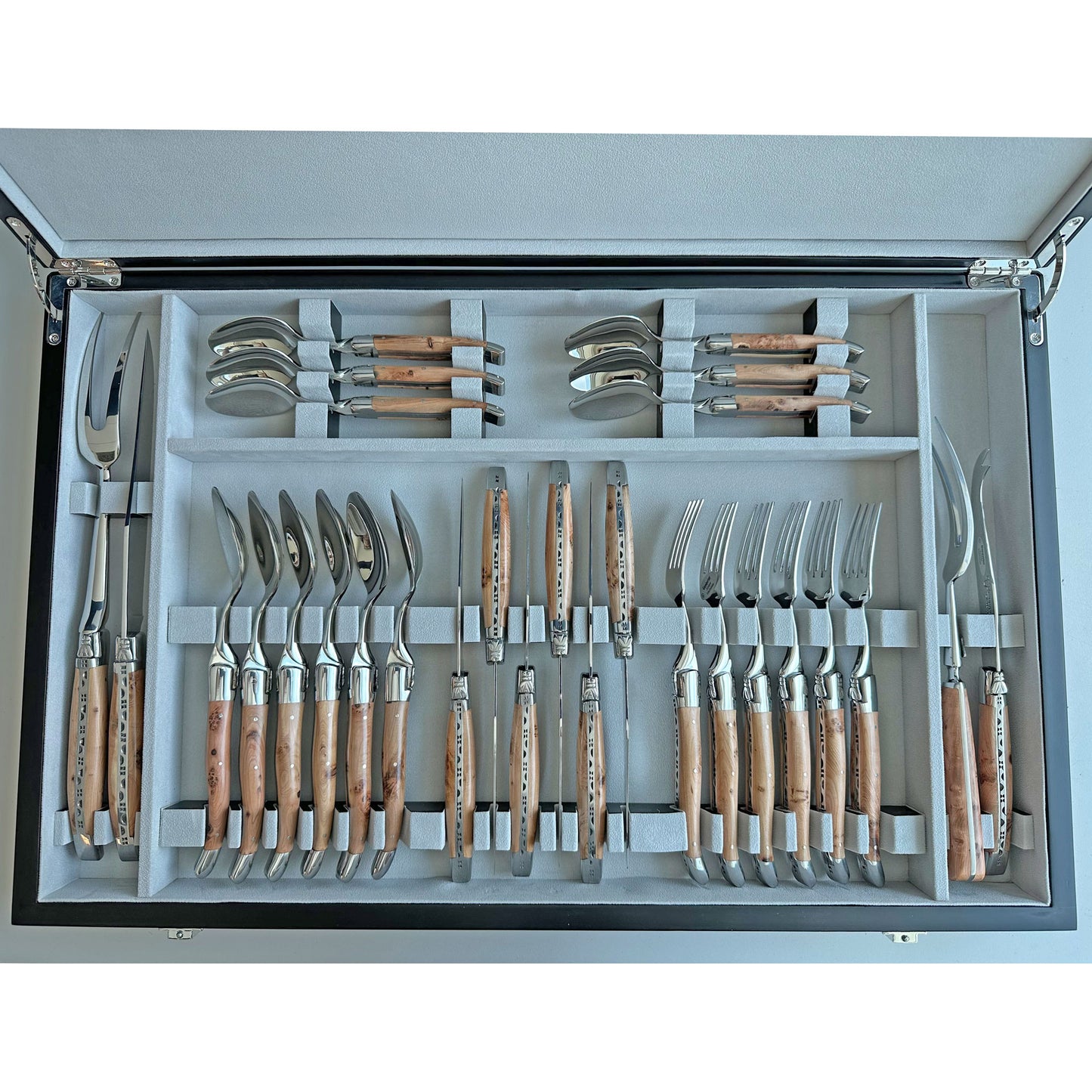 Laguiole en Aubrac Luxury 28-Piece Handcrafted Flatware Set, Juniper Wood Handles