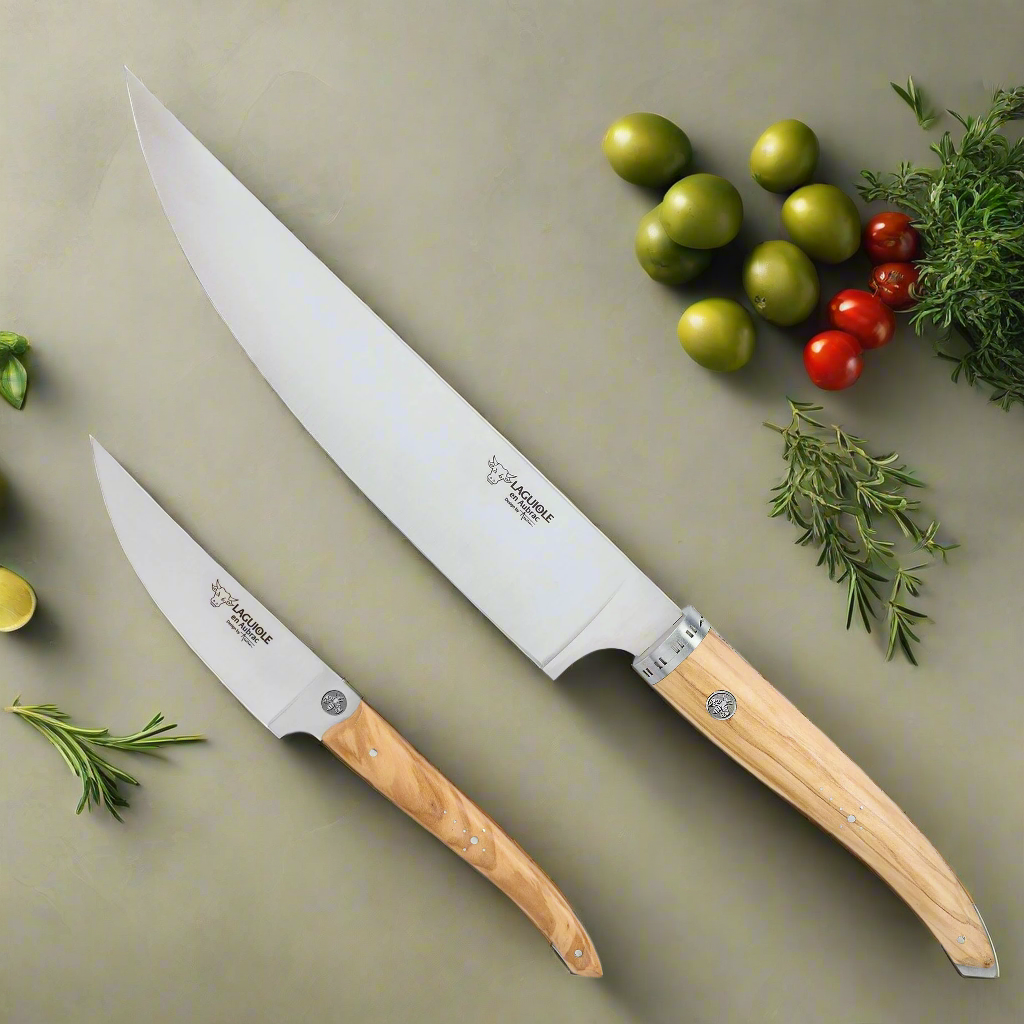 Laguiole en Aubrac Handcrafted Gourmet Cuisine 2-Piece Kitchen Knife Set with Olive Wood Handles