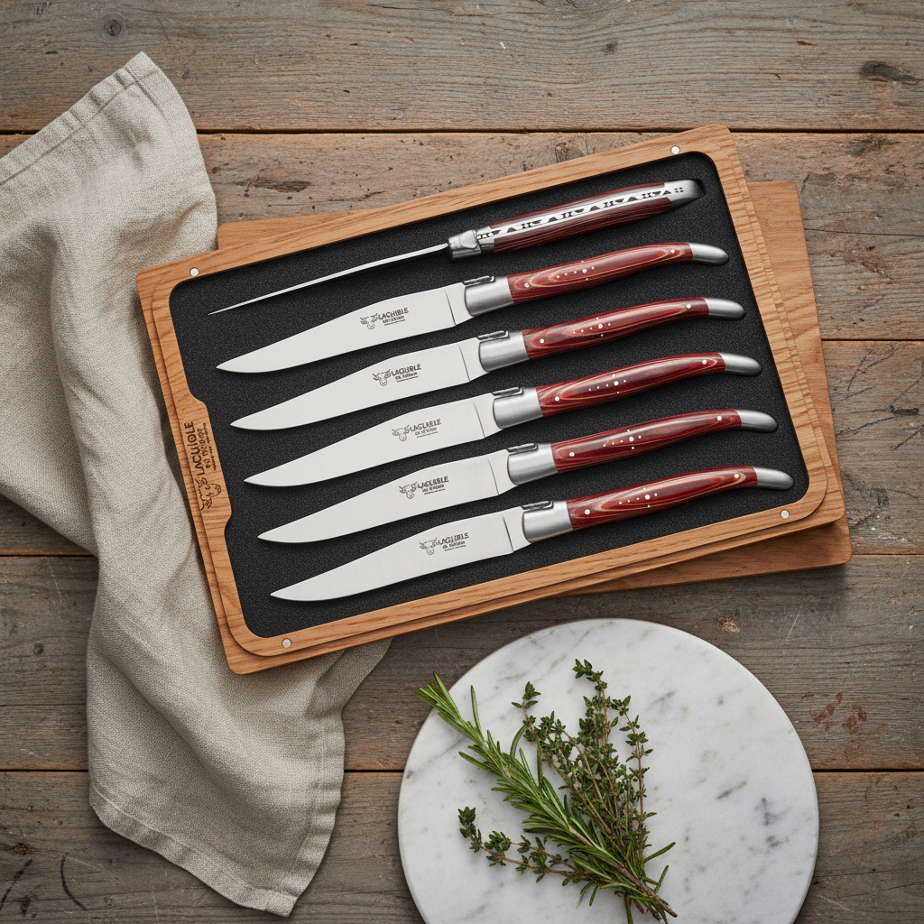 Laguiole en Aubrac Handcrafted 6-Piece Steak Knife Set with Red Pakawood Handles, Stainless Steel Matte Bolsters