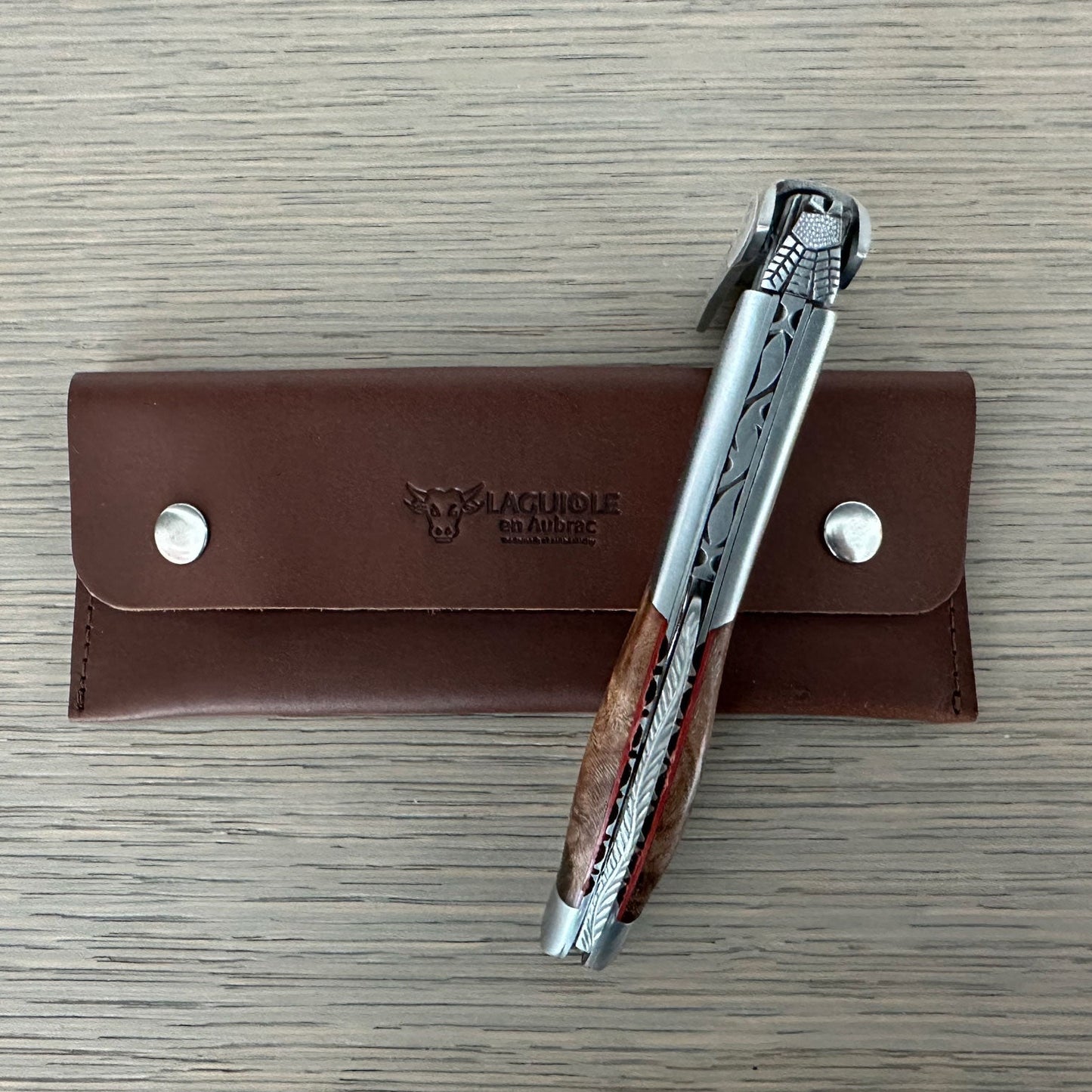 Handcrafted Sommelier Special Edition Numbered Waiter's Corkscrew with Grapevine Wood Handle and Red Inlay by Laguiole en Aubrac