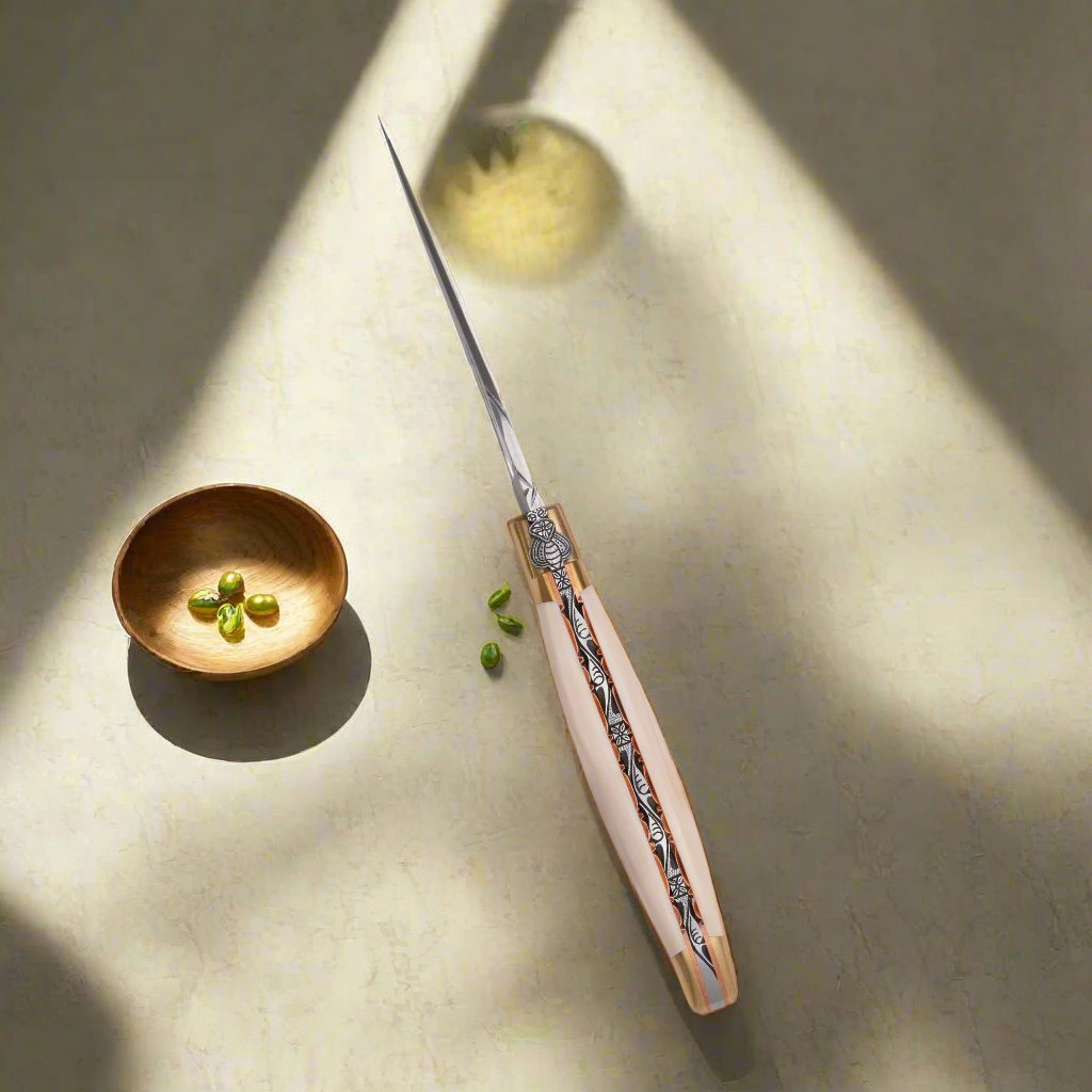 Laguiole en Aubrac Le Bijou Luxury Multipurpose Knife, 4.8-in (12cm), Warthog Tusk Handle, With Brass Bolsters, And Two Copper Plates