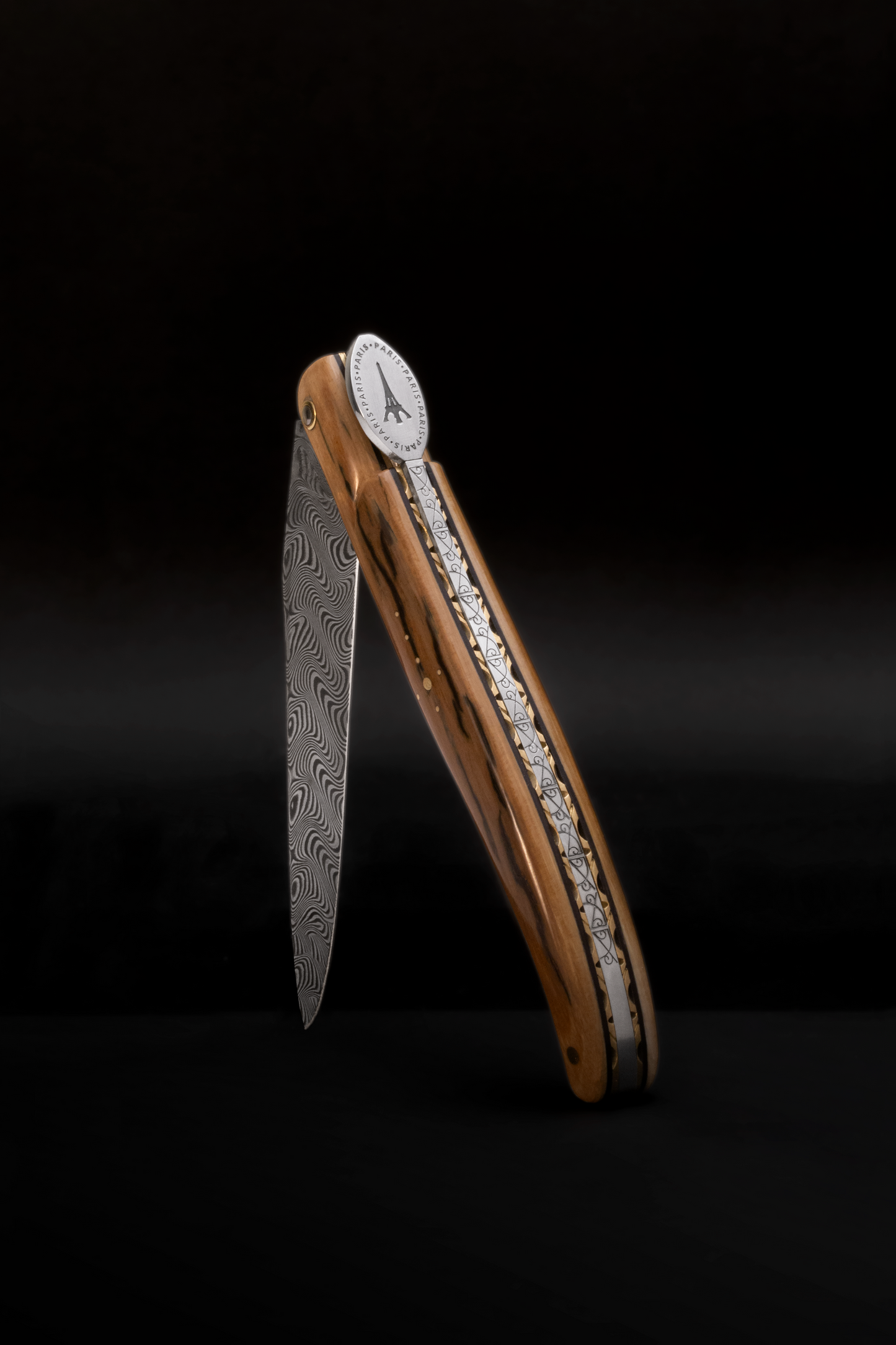 Laguiole en Aubrac Prestige Eiffel Tower Luxury Multipurpose Knife, 4.8-in (12cm), Ivory Crust Handle, Damascus Blade