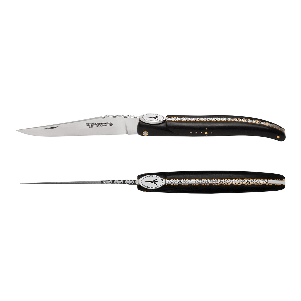 Laguiole en Aubrac Eiffel Folding Knife, 4.8", Ebony Wood Handle, Iron Lady Medallion - LaguioleEnAubracShop