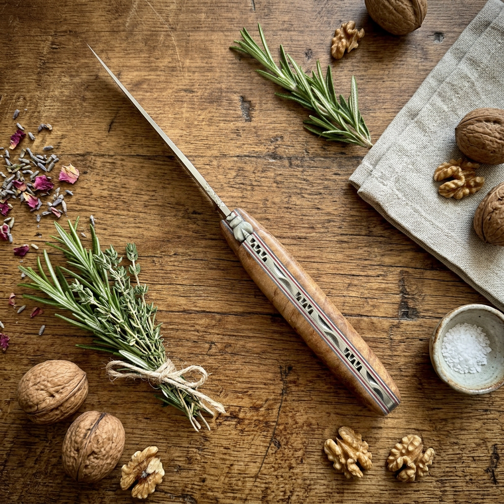 Laguiole en Aubrac Folding Knife, Full Teak Burl Handle with Tricolor Liners