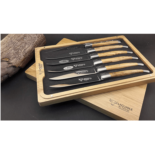 Laguiole en Aubrac Handcrafted Plated 6-Piece Steak Knife Set with Olivewood Handles - LaguioleEnAubracShop