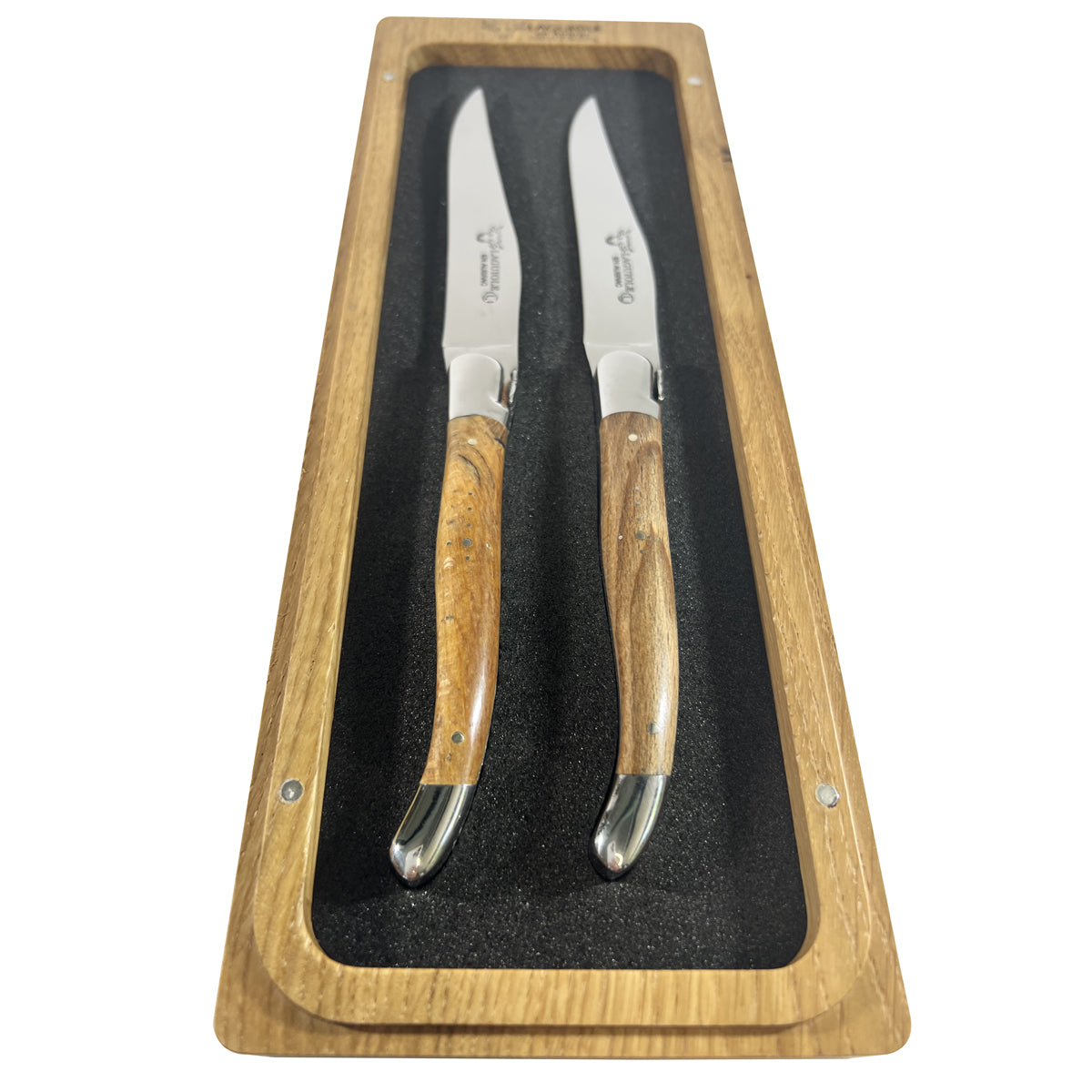 Laguiole en Aubrac Handcrafted Plated 2-Piece Steak Knife Set with Teak Wood Handles - LaguioleEnAubracShop