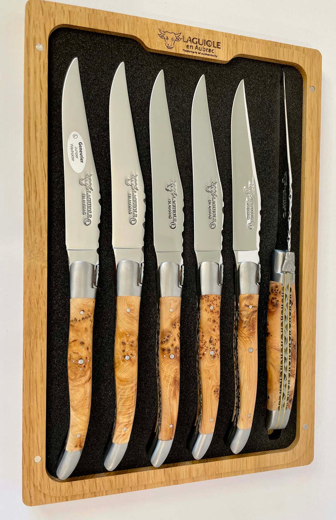 Laguiole en Aubrac Luxury Handcrafted Stainless Steel & Brass Double Plated 6-Piece Steak Knife Set with Juniper Wood Handles - LaguioleEnAubracShop