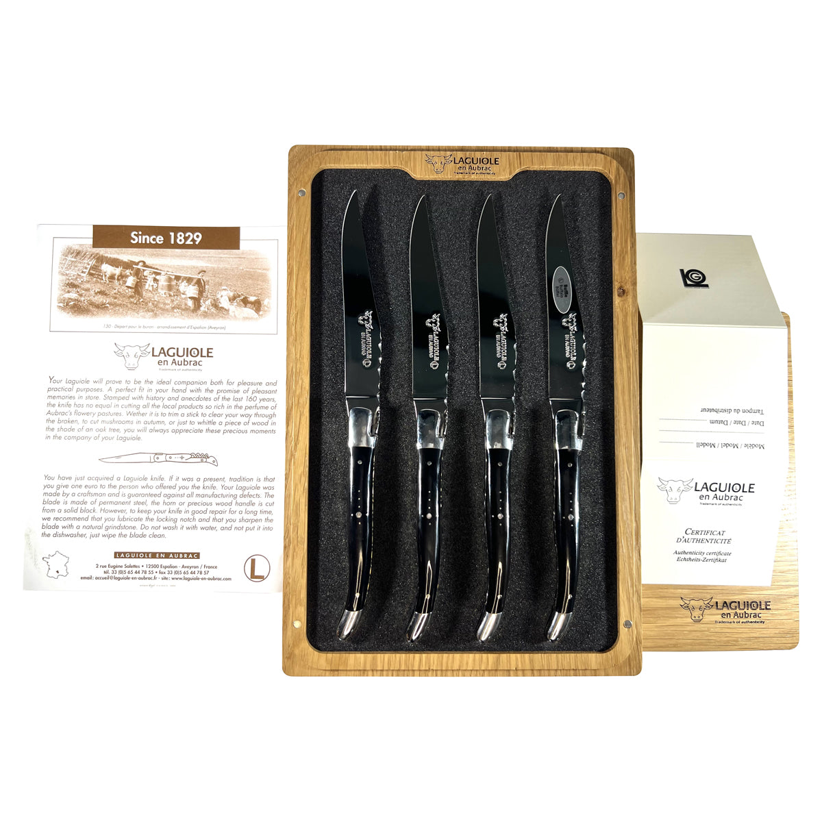 Laguiole en Aubrac Luxury Handcrafted Stainless Steel & Brass Double Plated 4-Piece Steak Knife Set with Buffalo Horn Handles - LaguioleEnAubracShop