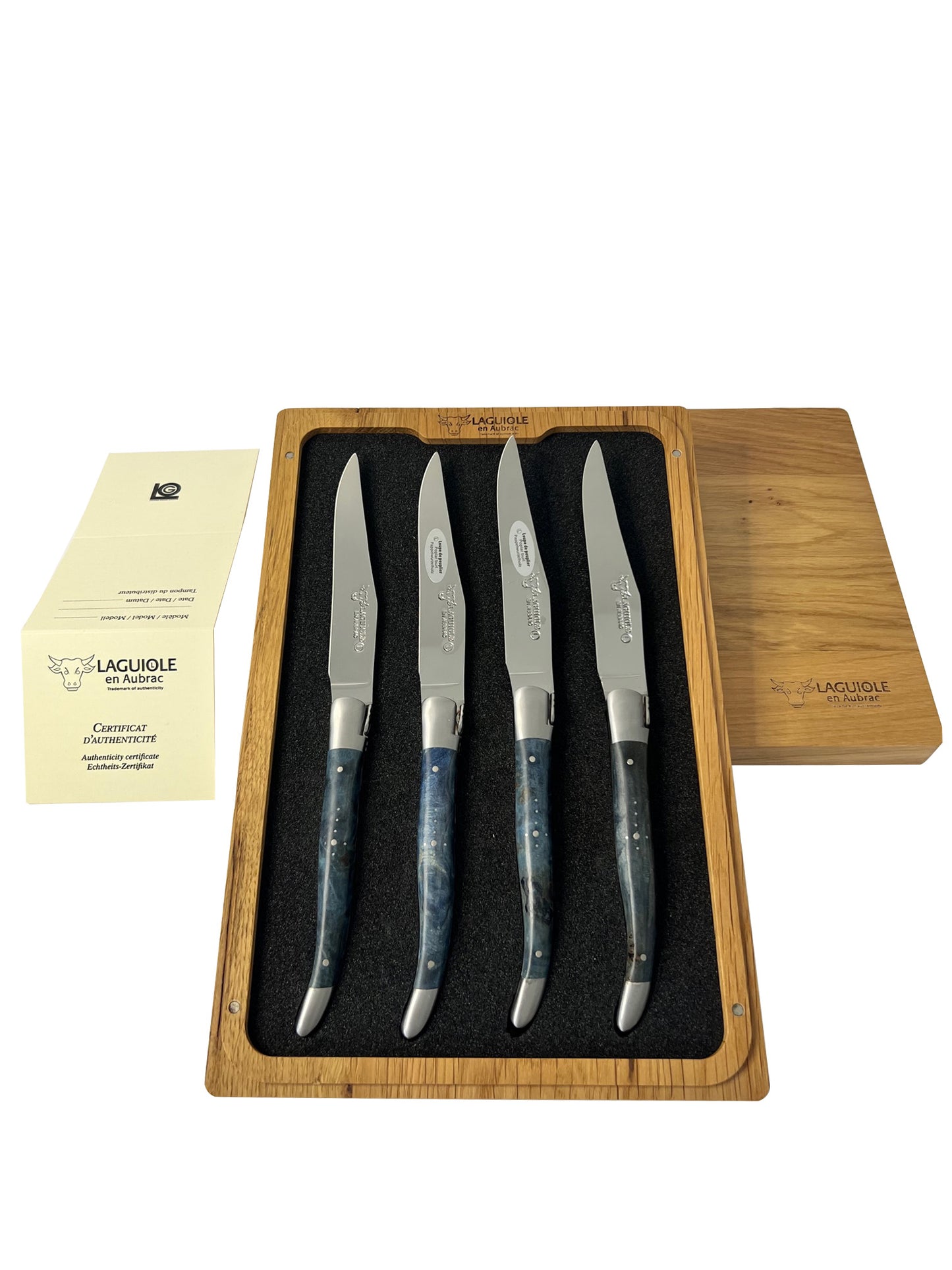 Laguiole en Aubrac Handcrafted Plated 4-Piece Steak Knife Set with Blue Poplar Burl Handles, Brushed Bolster - LaguioleEnAubracShop