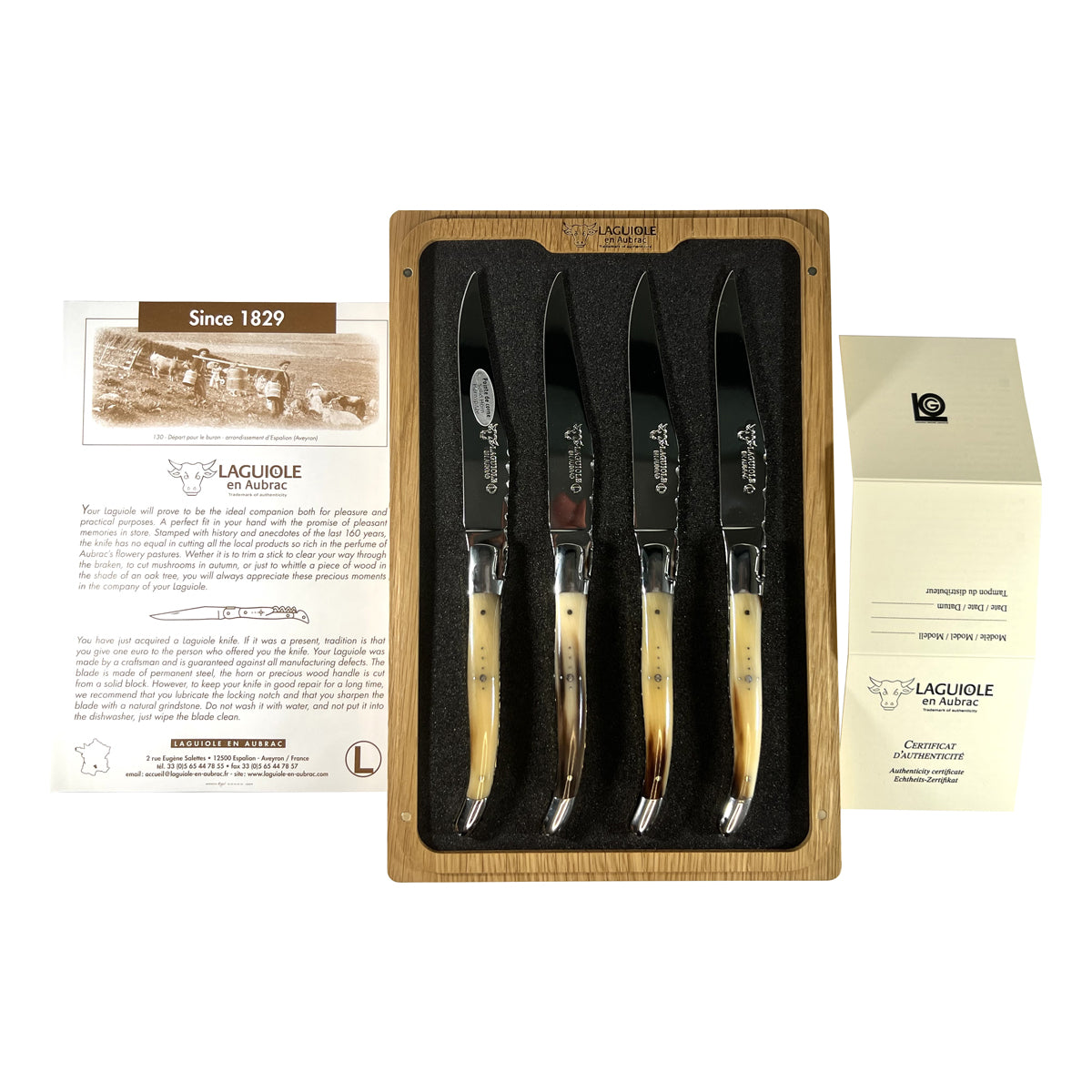 Laguiole en Aubrac Luxury Handcrafted Stainless Steel & Brass Double Plated 4-Piece Steak Knife Set with Solid Horn Handles - LaguioleEnAubracShop