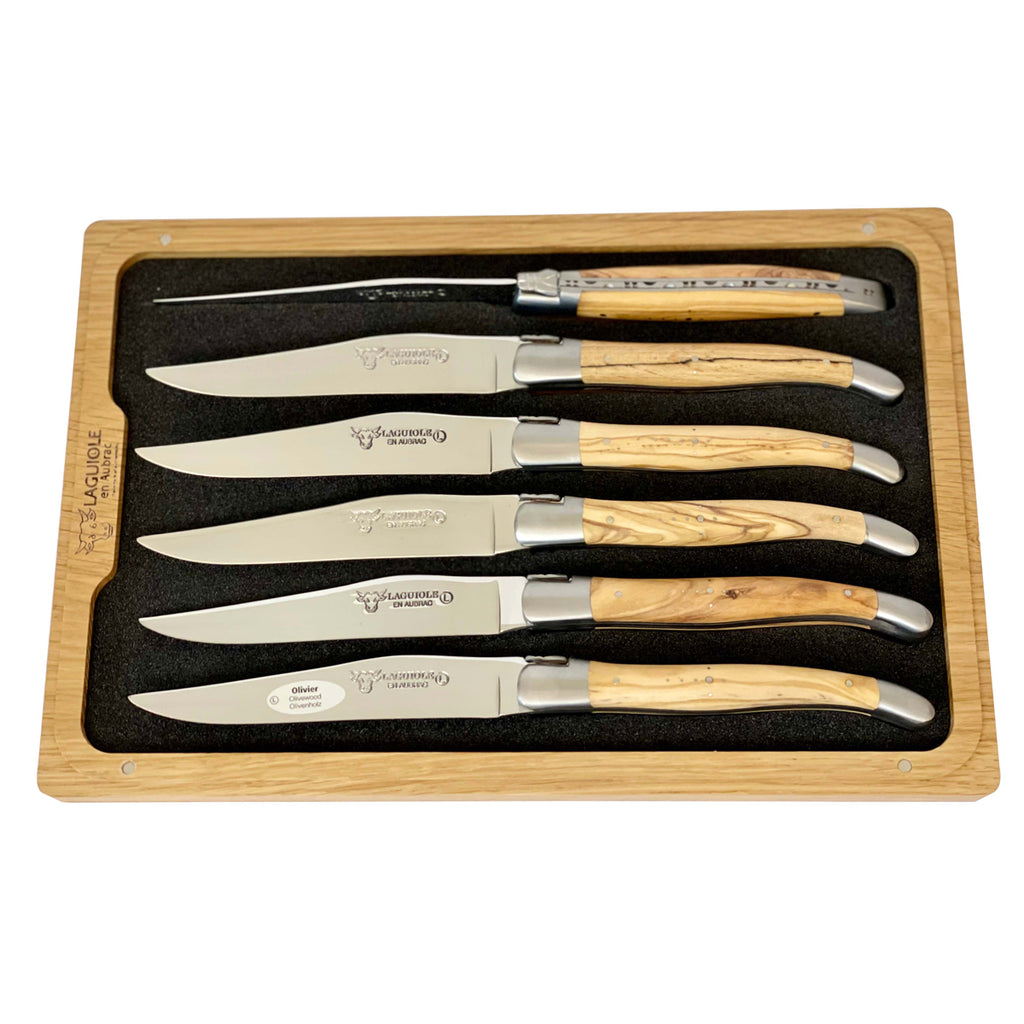 Laguiole en Aubrac Handcrafted Plated 6-Piece Steak Knife Set with Olivewood Handles - LaguioleEnAubracShop
