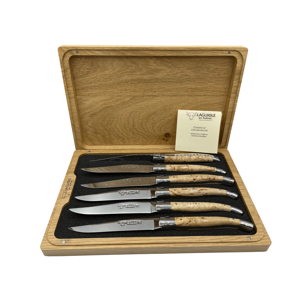 Laguiole en Aubrac Handcrafted Plated 6-Piece Steak Knife Set with Birchwood Handles, Polished Bolsters - LaguioleEnAubracShop