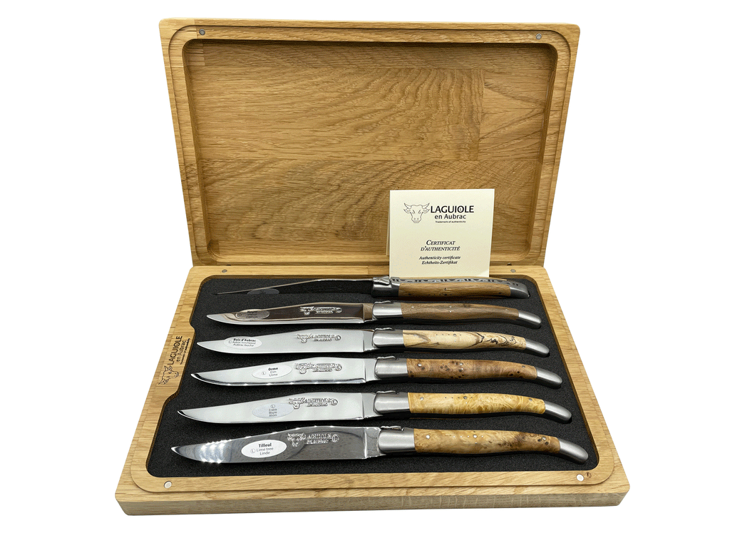 Laguiole en Aubrac Handcrafted Plated 6-Piece Steak Knife Set with Mixed European Wood Handles - LaguioleEnAubracShop