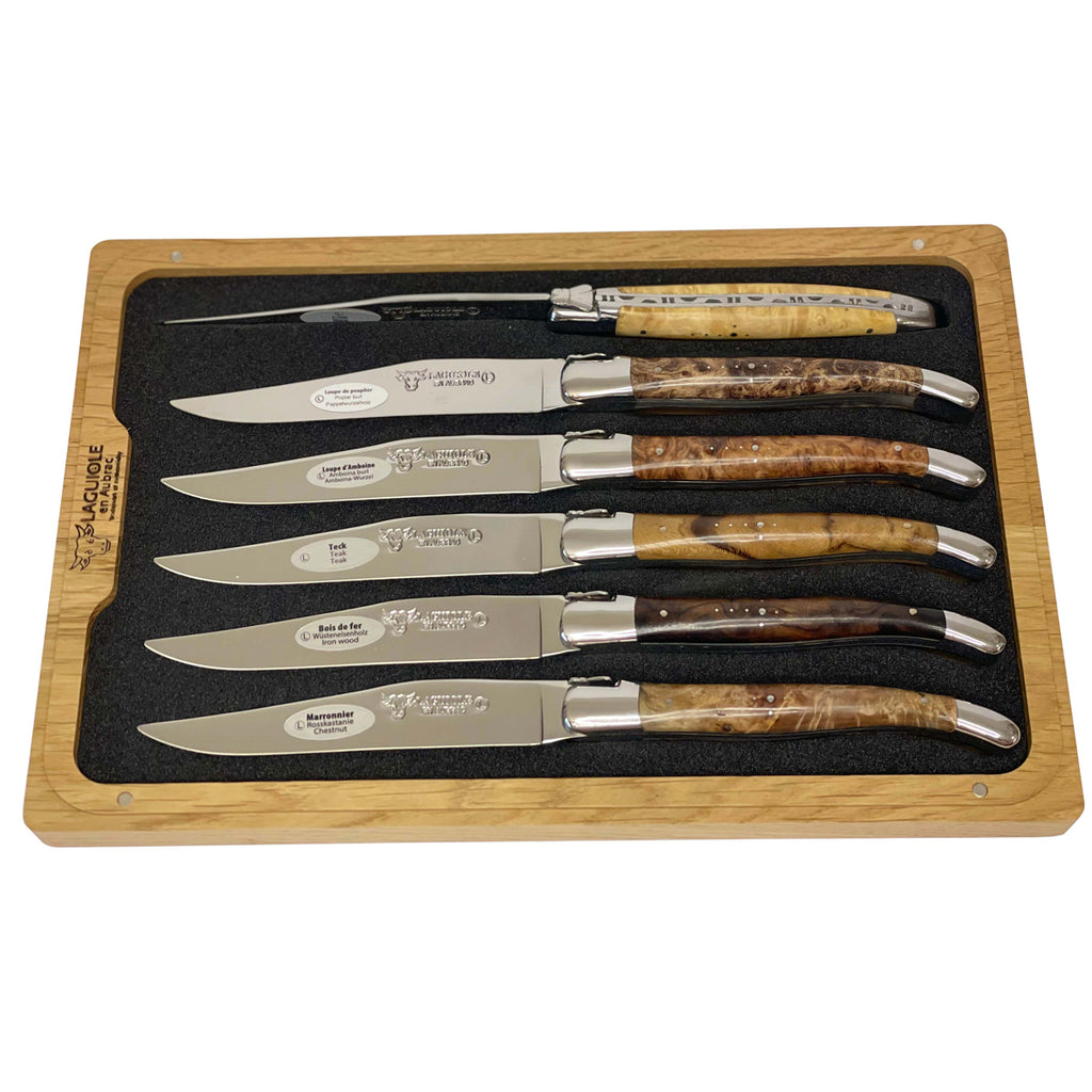 Laguiole en Aubrac Handcrafted Plated 6-Piece Steak Knife Set with Mixed Burls Wood Handles, Polished Bolsters - LaguioleEnAubracShop