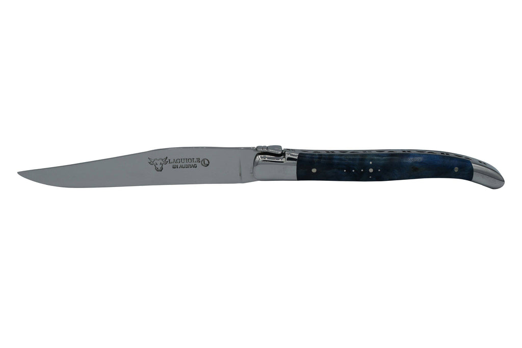 Laguiole en Aubrac Handcrafted Polished Plated 6-Piece Steak Knife Set with Blue Poplar Burl Handles - LaguioleEnAubracShop