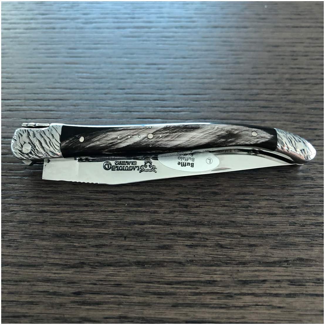 Laguiole en Aubrac Handcrafted Double Plated Multipurpose Knife, Buffalo Horn Handle, Stainless Steel Hammered Bolsters, 4.75 inches - LaguioleEnAubracShop