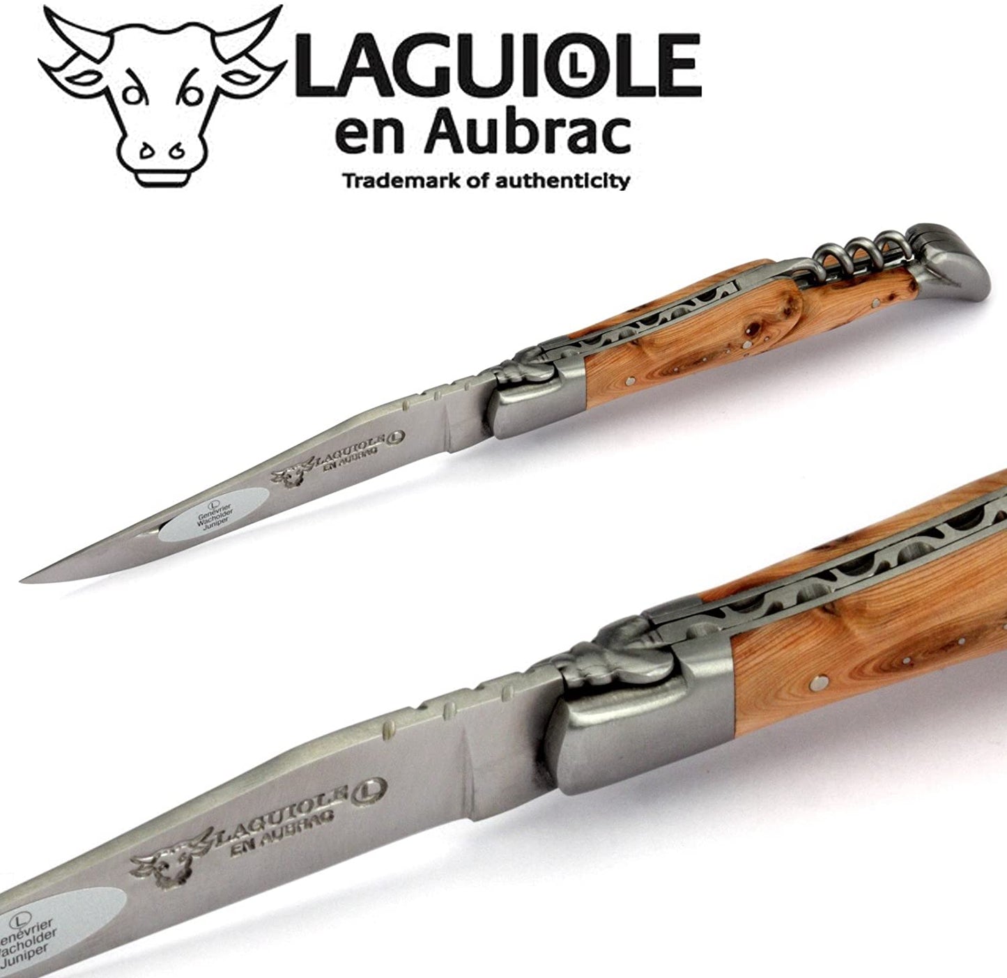 Laguiole en Aubrac Handcrafted Plated Multipurpose Knife with Corkscrew, Juniper Handle, 4.75 inches - LaguioleEnAubracShop