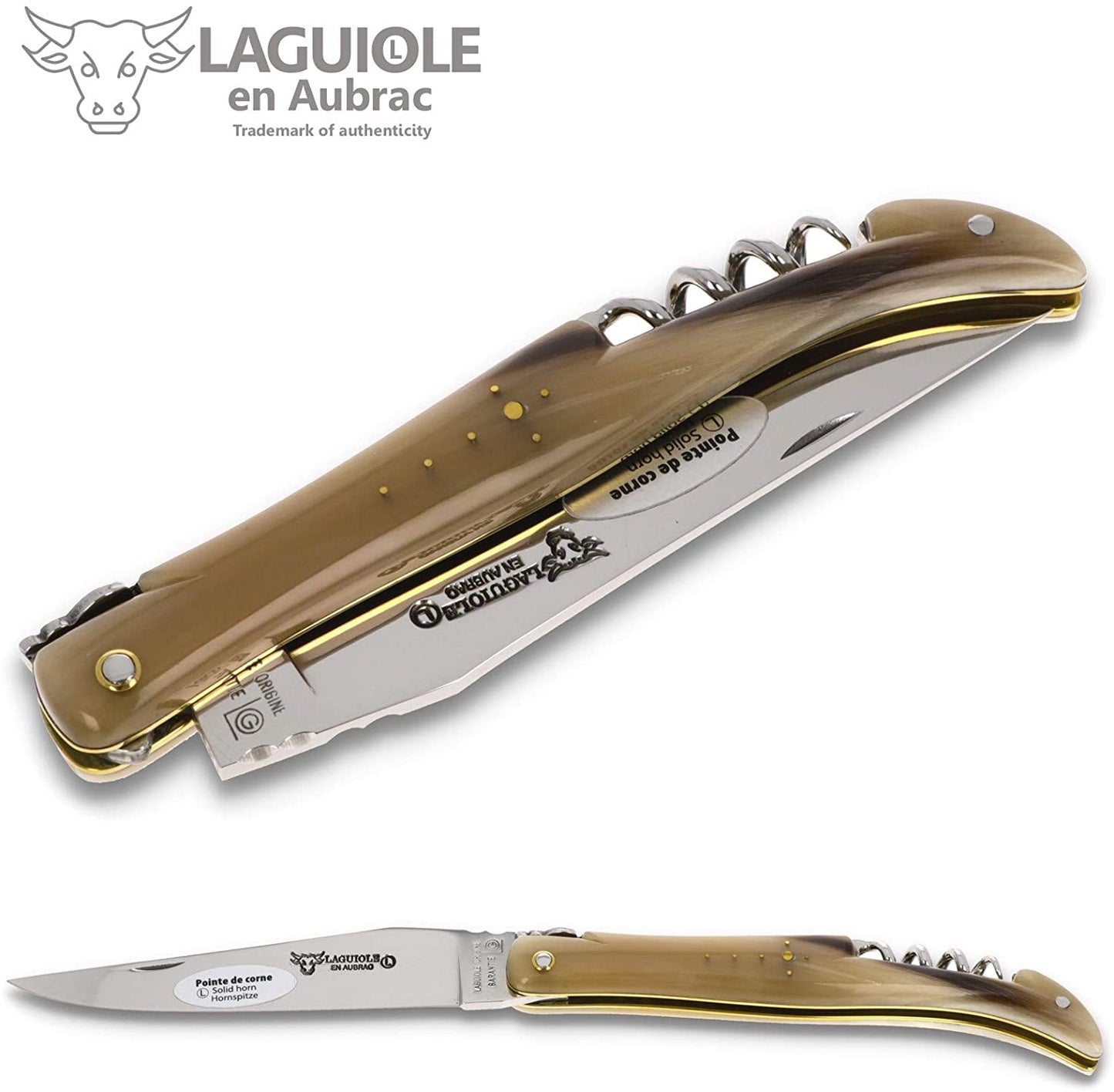 Laguiole en Aubrac Handcrafted Plated Multipurpose Knife, Full Solid Horn Handle with Corkscrew, 4.75 inches - LaguioleEnAubracShop