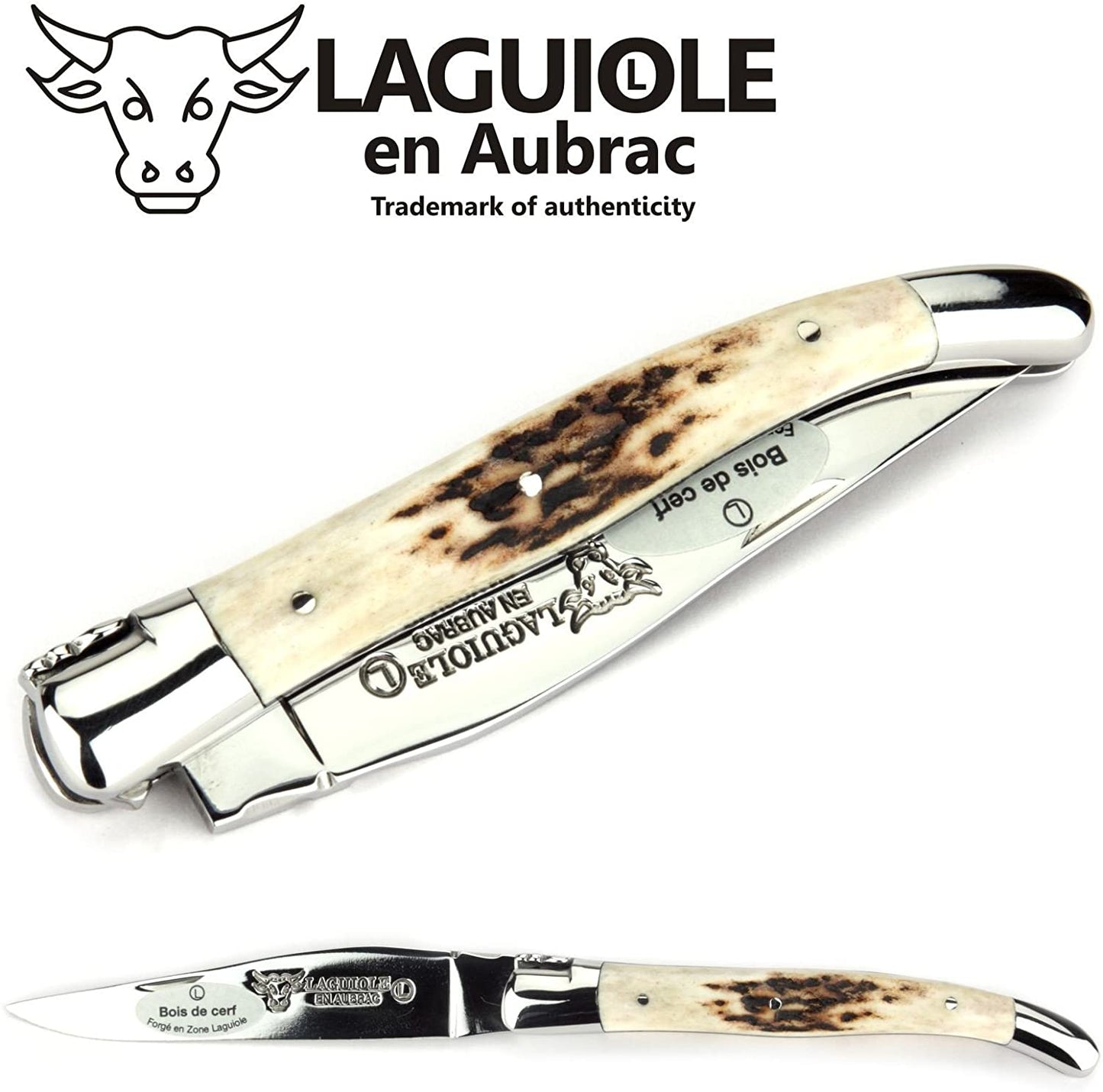 Laguiole en Aubrac Handcrafted Plated Multipurpose Knife, Deer Horn Crust Handle, 4.33 inches - LaguioleEnAubracShop
