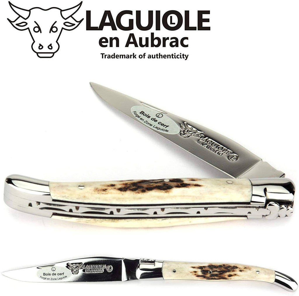 Laguiole en Aubrac Handcrafted Plated Multipurpose Knife, Deer Horn Crust Handle, 4.33 inches - LaguioleEnAubracShop