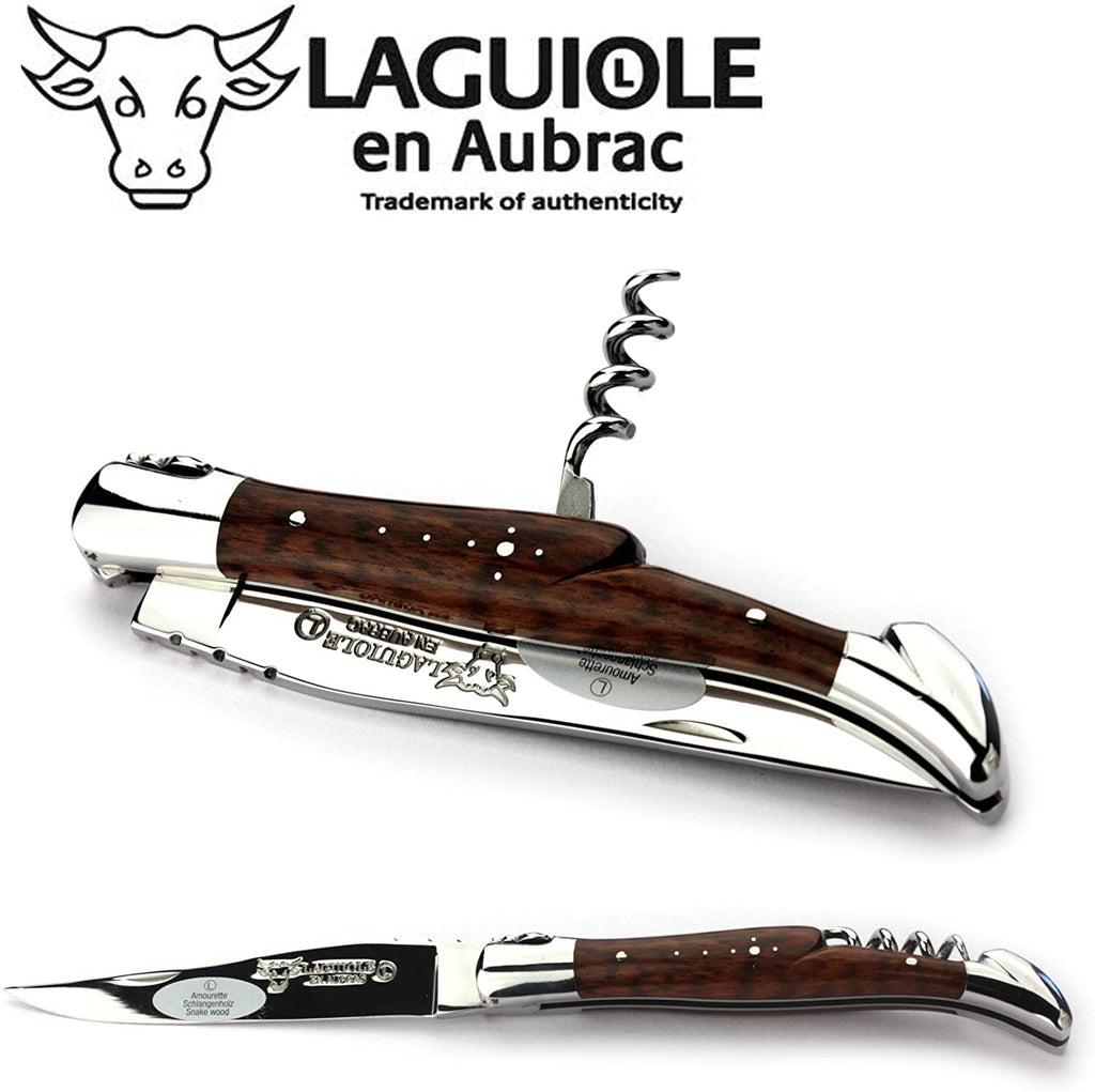 Laguiole en Aubrac Handcrafted Plated Multipurpose Knife with Corkscrew, Amourette / Snakewood Handle, 4.75 inches - LaguioleEnAubracShop