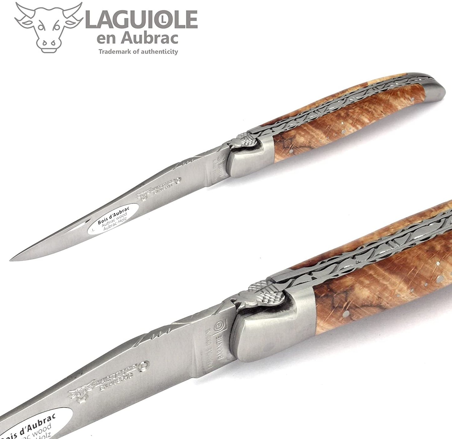 Laguiole en Aubrac Handcrafted Double Plated Multipurpose Knife with Matte Stainless Bolsters, Aubrac Beech Wood Handle, 4.75 inches - LaguioleEnAubracShop