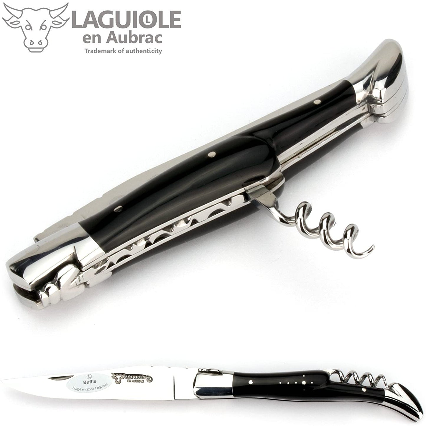 Laguiole en Aubrac Handcrafted Plated Multipurpose Knife with Corkscrew, Buffalo Horn Handle, 4.75 inches - LaguioleEnAubracShop