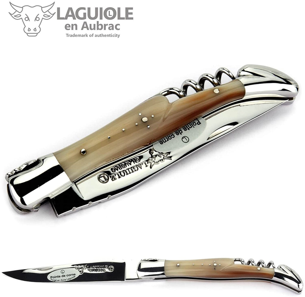 Laguiole en Aubrac Handcrafted Plated Multipurpose Knife with Corkscrew, Solid Horn Handle, 4.75 inches - LaguioleEnAubracShop