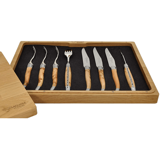 Laguiole en Aubrac Set of 4 Handcrafted French Steak Knives and 4 Forks with Juniper Wood Handles - LaguioleEnAubracShop