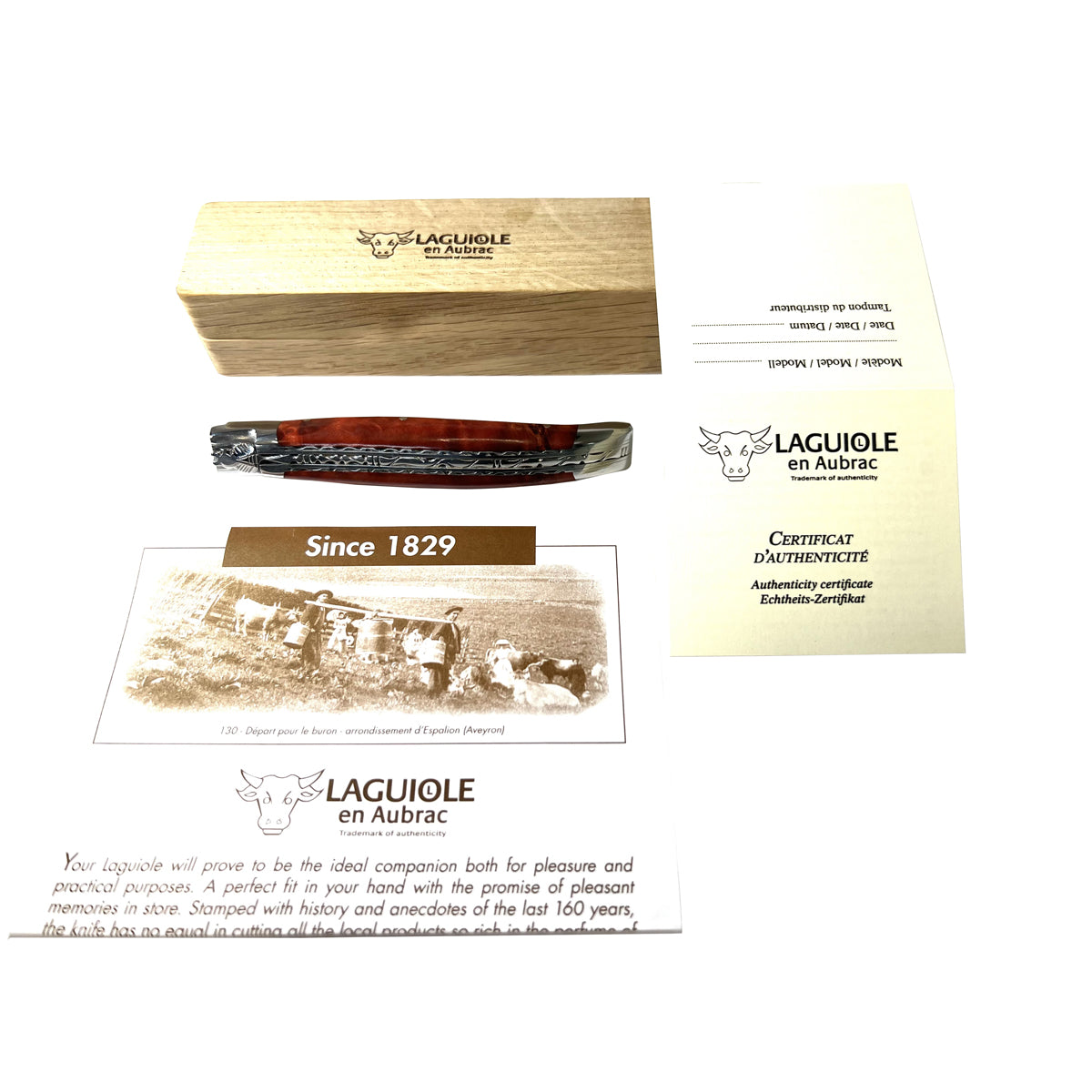 Laguiole en Aubrac Handcrafted Luxury Double Plated Multipurpose Knife with Stabilized Red Poplar Burl Handle, 4.75-Inches - LaguioleEnAubracShop