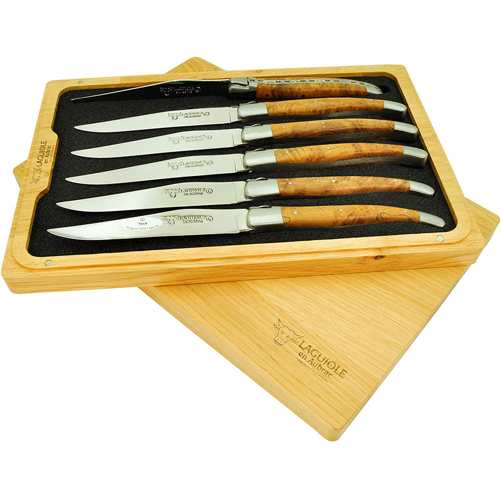 Laguiole en Aubrac Handcrafted Plated 6-Piece Steak Knife Set with Teak Burl Wood Handles - LaguioleEnAubracShop