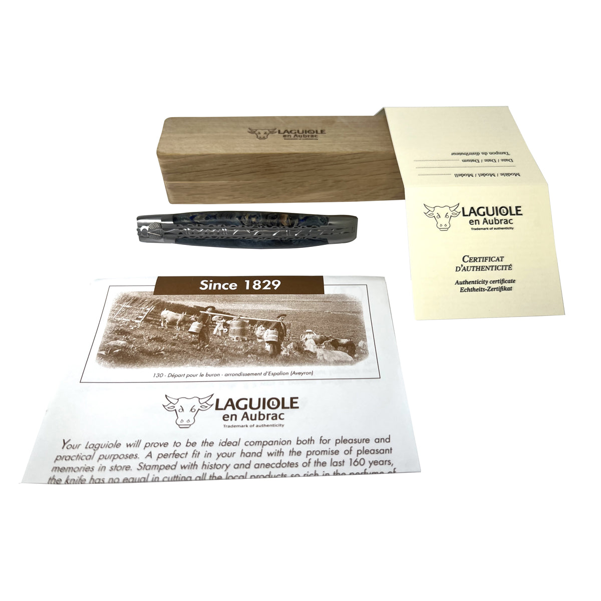 Laguiole en Aubrac Handcrafted Luxury Double Plated Multipurpose Knife With Stabilized Blue Poplar Burl Handle, 4.75-Inches - LaguioleEnAubracShop