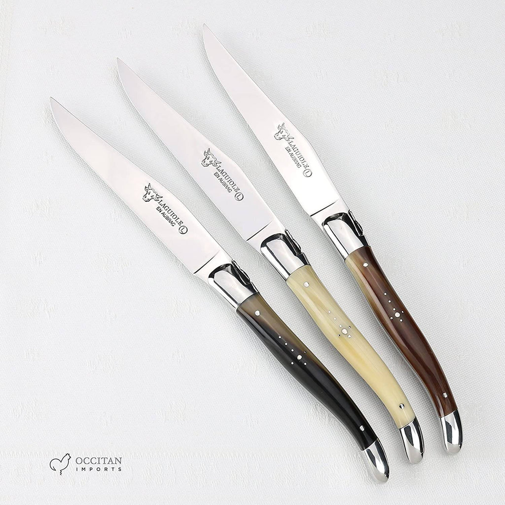 Laguiole en Aubrac Handcrafted Plated 6-Piece Steak Knife Set with Solid Horn Handles - LaguioleEnAubracShop