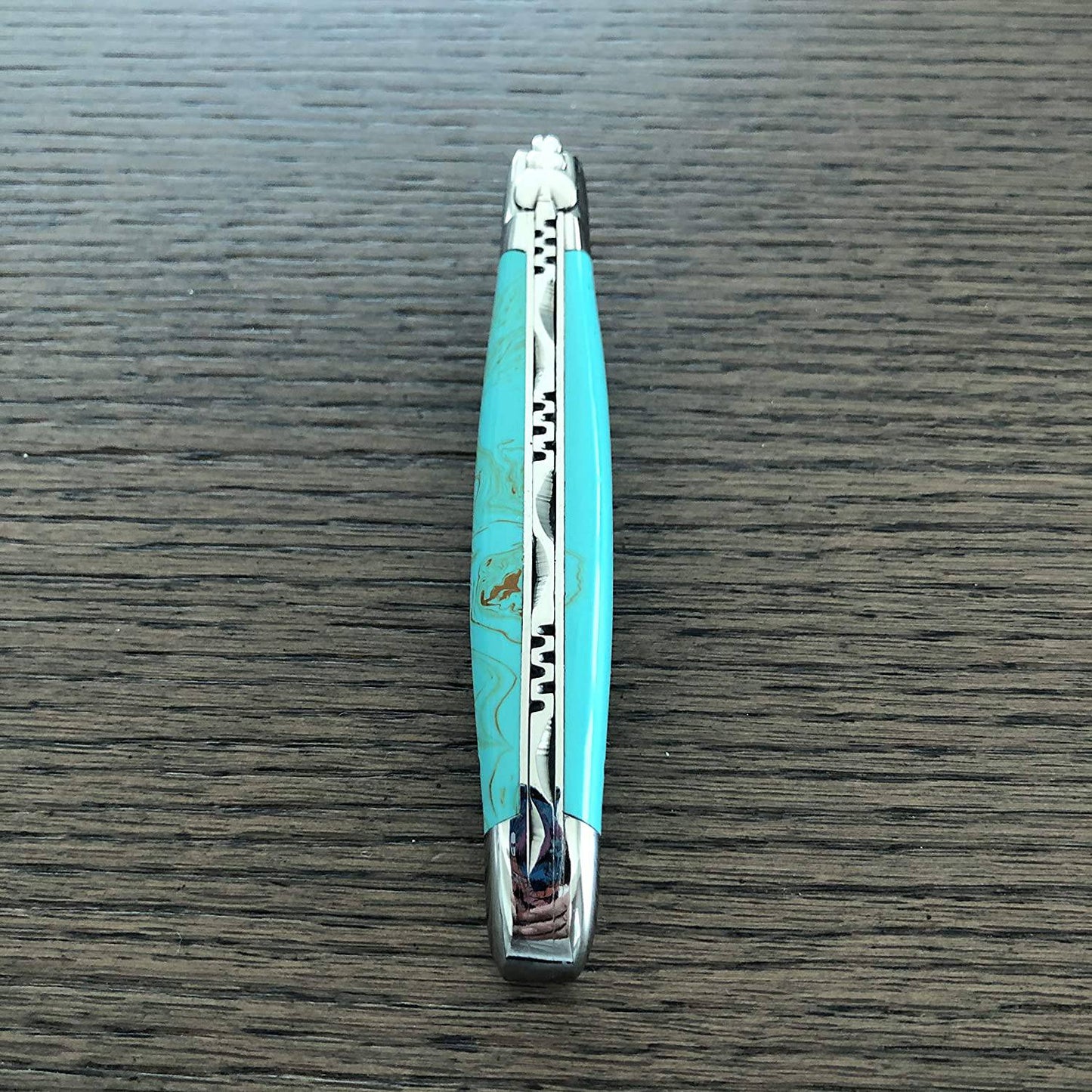 Laguiole en Aubrac Handcrafted Plated Multipurpose Knife with Shiny Bolsters, Turquoise Handle , 4.75 inches - LaguioleEnAubracShop